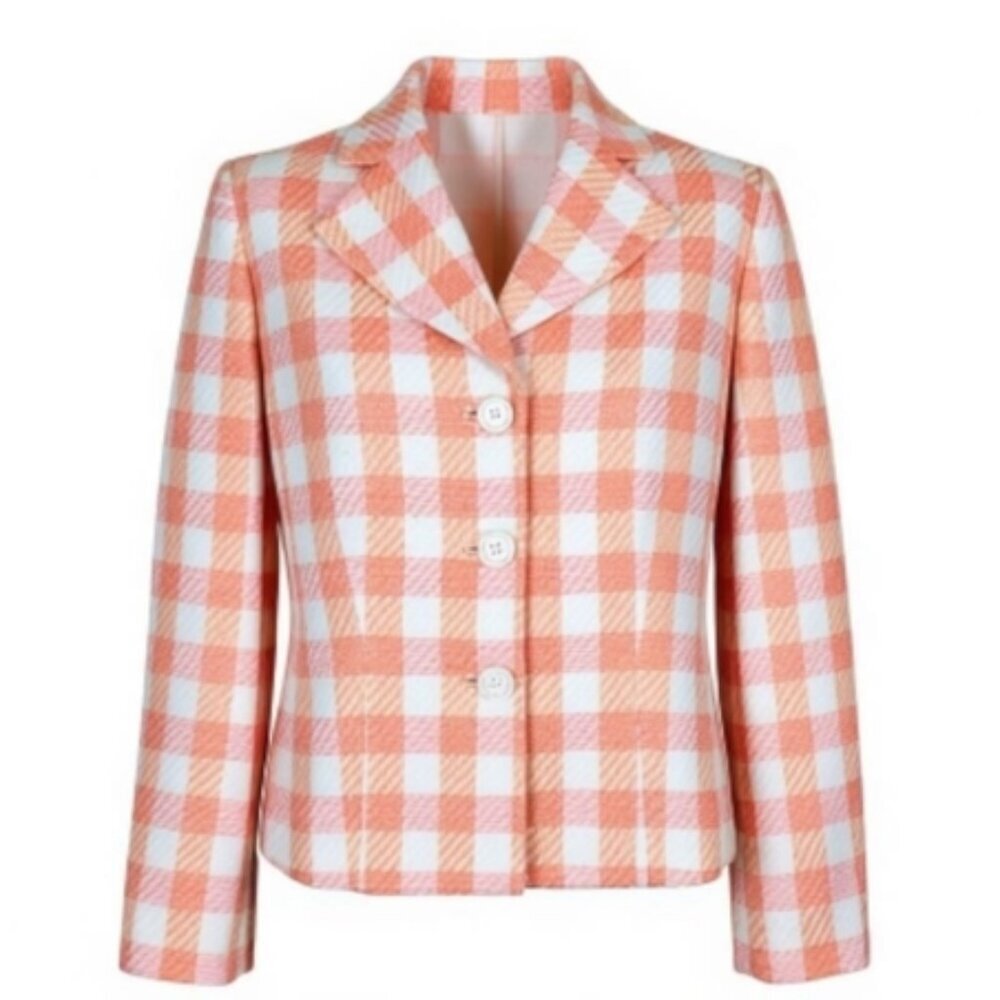 Amanda Smith Blazer Women Size 12 Pink Orange White Plaid Long Sleeve Soft